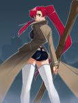  ass coat hand_in_pocket long_hair ponytail red_hair short_shorts shorts smile solo standing sugar_(sugarless) tengen_toppa_gurren_lagann thighhighs trench_coat western yellow_eyes yoko_littner 