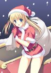  belt blonde_hair blue_eyes blush christmas gloves hair_ribbon hat leaning_forward legs long_hair louis&amp;visee night original red_gloves ribbon sack santa_costume santa_hat shorts snow snowing solo twintails 