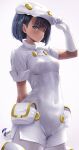  1girl absurdres aether_foundation_employee black_hair breasts commentary_request covered_navel cowboy_shot gloves great_ball grey_eyes hand_on_headwear hand_up hat highres holding holding_poke_ball naccyo43 overalls pantyhose poke_ball pokemon pokemon_sm short_hair short_sleeves simple_background solo white_background white_gloves white_hat white_overalls 