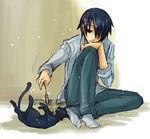  1boy animal bell black_cat black_eyes black_hair cat cattail collar darker_than_black denim hair_over_one_eye hand_on_knee hei jeans lowres male male_focus mao mao_(darker_than_black) on_floor pants plant playing shirt sitting socks solo white_shirt 