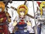  3girls alice_margatroid ascot black_sclera blonde_hair blue_dress blue_eyes capelet closed_mouth colored_sclera commentary_request cowboy_shot cross doll dress gloves hairband hammer heart heart_hands holding holding_hammer hourai_doll lance looking_at_viewer marionette multiple_girls nail_(hardware) polearm puppet red_ascot red_hairband ryuuichi_(f_dragon) shanghai_doll short_hair smile touhou war_hammer weapon white_background white_capelet white_gloves winding_key 