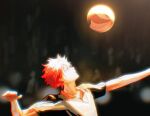  1boy arm_up ball closed_mouth collared_shirt commentary_request haikyuu!! highres hinata_shouyou karasuno_volleyball_uniform looking_at_object male_focus open_collar orange_hair outstretched_arm playing_sports shirt solo volleyball volleyball_(object) wing_collar yexuan825 