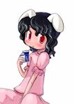  black_hair curly_hair dress drinking drinking_straw inaba_tewi looking_at_viewer milk pink_dress puffy_short_sleeves puffy_sleeves red_eyes short_hair short_sleeves simple_background solo tao_(kadoya) touhou white_background 