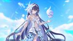  1girl absurdres antlers blue_eyes blue_hair cloud cloudy_sky colored_inner_hair dress floating floating_object flower hair_flower hair_ornament highres honkai_(series) honkai_impact_3rd horns kabuto_tong leaf long_hair looking_at_viewer multicolored_hair navel outdoors ribbon seele_vollerei seele_vollerei_(herrscher_of_rebirth) sky smile tattoo two-tone_hair very_long_hair white_dress 