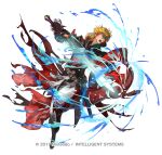  1boy alternate_costume armor black_armor blonde_hair boots copyright_notice eldigan_(fire_emblem) epaulettes fire_emblem fire_emblem:_genealogy_of_the_holy_war fire_emblem_heroes full_body gloves male_focus medium_hair official_art simple_background solo suzuki_rika sword weapon white_background yellow_eyes 