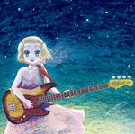  bass_guitar bow braid green_eyes hair_bow instrument kabayaki_unagi original side_braid solo 