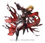  1boy alternate_costume armor black_armor blonde_hair boots copyright_notice eldigan_(fire_emblem) epaulettes fire_emblem fire_emblem:_genealogy_of_the_holy_war fire_emblem_heroes full_body gloves male_focus medium_hair official_art simple_background solo suzuki_rika sword weapon white_background yellow_eyes 