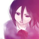  artist_request black_eyes black_hair bleach close-up closed_mouth expressionless kuchiki_rukia lips simple_background solo upper_body white_background 