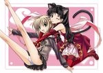  ;p ahoge animal_ears artoria_pendragon_(all) bad_anatomy black_hair blonde_hair boots cat_ears cat_tail elbow_gloves fate/hollow_ataraxia fate/stay_night fate_(series) gloves green_eyes happy hug kaleido_ruby kneeling legs_up long_hair long_legs miniskirt multiple_girls one_eye_closed outstretched_arms panties pantyshot ribbon saber sitting skirt smile spread_arms tail thighhighs tongue tongue_out toosaka_rin underwear upskirt yatsushima_tetsuya 