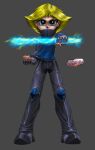  1boy black_bodysuit black_shoes blonde_hair blue_bodysuit blue_eyes bodysuit boomer_(ppg) energy_weapon full_body grey_background highres hood hoodie knee_pads male_focus parted_bangs powerpuff_girls powerpuff_girls_doujinshi propimol rowdyruff_boys shoes 