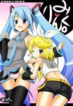  blue_eyes blue_hair detached_sleeves hatsune_miku headphones kagamine_rin long_hair multiple_girls necktie panties pochi_(pochi-goya) striped striped_panties thighhighs twintails underwear very_long_hair vocaloid 