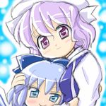  artist_request between_breasts blue_eyes blue_hair bow breasts cirno head_between_breasts letty_whiterock lowres multiple_girls purple_eyes purple_hair smile touhou 