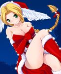  bare_shoulders blonde_hair boots braid breasts christmas cleavage green_eyes hat head_wings hoshikuzu_junction large_breasts long_hair original santa_costume santa_hat single_braid solo valkyrie 