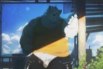  2boys 7gaku_7 absurdres animal_ears bandaid bandaid_on_face belly black_pants blue_sky blush bulge claws cloud cloudy_sky commentary dog_boy dog_ears dog_nose dog_tail fat furry furry_male highres live_a_hero looking_at_viewer male_focus male_underwear multiple_boys navel open_fly open_pants orange_tank_top pants plump sky smile sweatdrop symbol-only_commentary tail tank_top unbuttoned underwear unzipped white_fur white_male_underwear wind_chime yohack 