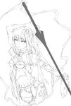 dress fantasy greyscale holding holding_weapon lance long_hair looking_at_viewer monochrome ooji original polearm simple_background solo spear weapon white_background 