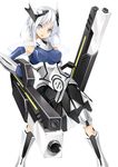  armor blue_bodysuit blue_eyes bodysuit copyright_request dual_wielding gun holding murata_taichi silver_hair solo weapon white_background 