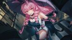  1girl absurdres amamiyayk animal_ears ayla:_kaleido_(pgr) ayla_(pgr) bare_shoulders black_hairband black_shirt breasts cleavage drill_hair fake_animal_ears hairband highres holding holding_umbrella large_breasts looking_at_viewer low_ponytail mechanical_arms open_mouth pink_eyes pink_hair ponytail punishing:_gray_raven rabbit_ears rain shirt side_drill solo umbrella 