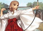  aiming archery arrow bow_(weapon) brown_eyes brown_hair drawing_bow hakama highres holding holding_arrow holding_bow_(weapon) holding_weapon japanese_clothes kyuudou long_hair miko outstretched_arm red_hakama shining_(series) shining_wind solo tanaka_takayuki touka_kureha weapon 