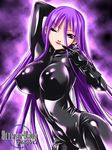  artist_request black_bodysuit bodysuit breasts covered_nipples finger_to_mouth impossible_clothes impossible_shirt large_breasts latex long_hair lowres one_eye_closed purple_eyes purple_hair shiny shiny_clothes shirt silver_rain skin_tight solo very_long_hair 