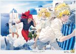  1girl 3boys artist_collaboration ashwatthama_(fate) ashwatthama_(tour_outfit)_(fate) black_hair black_shirt blonde_hair blue_eyes brother_and_sister castor_(fate) castor_(tour_outfit)_(fate) copyright_name dark-skinned_male dark_skin fate/grand_order fate_(series) feet_out_of_frame full_body ikezawa_shin multiple_boys official_art pako_(pakosun) pants photo_background pollux_(fate) pollux_(tour_outfit)_(fate) red_hair red_pants running saitou_hajime_(fate) saitou_hajime_(tour_outfit)_(fate) shirt short_hair siblings taiki_(luster) translation_request white_shirt 