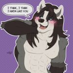 1:1 absurd_res anthro badger english_text hair hand_on_neck happy hi_res long_hair male mammal muscular mustelid musteline naoto shy solo speech_bubble text