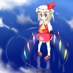  arms_behind_back ascot blonde_hair brown_footwear closed_mouth cloud flandre_scarlet hat hat_ribbon highres kneehighs mob_cap oouso pigeon-toed puffy_short_sleeves puffy_sleeves red_eyes red_ribbon red_skirt reflection ribbon ripples shoes short_sleeves skirt sky solo standing standing_on_liquid touhou vest white_legwear wings yellow_neckwear 