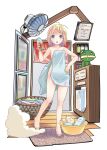  1girl :o ahoge bare_shoulders barefoot basket bathhouse blonde_hair blue_eyes blush bottle collarbone dot_nose drink electric_fan hand_on_own_shoulder highres holding holding_bottle holding_drink light_blush long_hair naked_towel open_mouth original parted_bangs pop_(electromagneticwave) shampoo shampoo_bottle sidelocks simple_background solo standing standing_on_one_leg steam stuffed_kappa stuffed_toy teeth towel upper_teeth_only white_background wooden_floor 