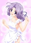  :d apron artist_request blue_eyes blush bow breasts cleavage clenched_hands covered_nipples cowboy_shot fingernails frilled_apron frills from_side hair_ribbon kamimae_yuuki large_breasts light_particles long_fingernails long_hair love_multiple! naked_apron open_mouth purple_background purple_hair ribbon sideboob smile solo standing 