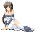  bare_shoulders blush breasts brown_eyes brown_hair cleavage copyright_request kokorono_arika large_breasts long_hair maid mouth_hold solo thighhighs undressing 