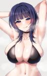  1girl :q absurdres armpits asaka_karin bikini black_bikini blue_eyes blue_hair breasts commentary_request grey_background highres looking_at_viewer love_live! love_live!_nijigasaki_high_school_idol_club medium_hair nasuno_(nasuno42) navel simple_background solo swimsuit tongue tongue_out upper_body 