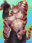 1boy abs animal_ear_fluff animal_ears arm_behind_head arm_up ass bara bare_pectorals black_pants black_shirt black_vest cat_nose english_commentary erection fangs fortnite furry furry_male highres kawaakumma looking_at_viewer male_focus multiple_views muscular muscular_male navel nipples notched_ear open_fly orange_fur oscar_(fortnite) pants patreon_logo patreon_username pectoral_cleavage pectorals penis shirt smile tail testicles tiger_boy tiger_ears tiger_stripes tiger_tail topless_male unzipped vest 