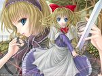  alice_margatroid apron bangs blonde_hair blue_eyes bow capelet eyebrows hair_bow hairband holding holding_sword holding_weapon long_hair long_sleeves looking_at_viewer outdoors red_bow shanghai_doll shield short_hair solo sword thread touhou tree watermark weapon yuki_shuuka 