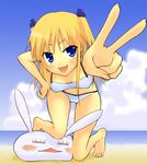  barefoot bikini blonde_hair blue_eyes breasts cleavage copyright_request day saki_chisuzu small_breasts solo swimsuit v 