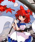  boat branch hair_bobbles hair_ornament hitodama iyau leaf looking_at_viewer maple_leaf onozuka_komachi red_eyes red_hair sash scythe short_sleeves smile solo touhou two_side_up water watercraft 