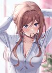  1girl absurdres adjusting_hair arms_up blue_eyes blush breasts brown_hair cleavage closed_mouth collared_shirt commentary_request gakuen_idolmaster hair_intakes highres himesaki_rinami idolmaster large_breasts long_hair long_sleeves looking_at_viewer miyuki_kotori mouth_hold see-through_silhouette shirt smile solo upper_body white_shirt 