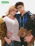  2boys alternate_costume arm_around_waist bespectacled black-framed_eyewear black_jacket black_pants blonde_hair blue_eyes blue_hoodie blue_pants brown_hair brown_jacket casual closed_mouth collared_jacket commentary cowboy_shot denim dion_lesage drawstring earrings eyelashes final_fantasy final_fantasy_xvi glasses hand_in_pocket hashtag-only_commentary highres holding holding_stuffed_toy hood hood_down hoodie jacket jeans jewelry layered_clothes looking_to_the_side male_focus multiple_boys off_shoulder pants piercing ryui8537 shirt short_hair sideways_glance simple_background smile stuffed_animal stuffed_toy t-shirt teddy_bear terrence_(ff16) unzipped v-neck white_background white_shirt widow&#039;s_peak yellow_eyes zipper 