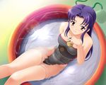  alcohol beer blue_hair brown_eyes can casual_one-piece_swimsuit from_above highleg highleg_swimsuit hose katsuragi_misato lens_flare long_legs looking_up neon_genesis_evangelion one-piece_swimsuit purple_hair ripples sitting smile solo sparkle swimsuit wading_pool water yuhji 