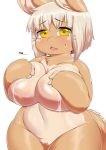  amber_eyes anthro berseepon09 big_breasts blonde_hair blush breasts countershading covering_breast cute_fangs ears_up featureless_crotch female fluffy fluffy_tail fur hair hand_on_breast lactating lagomorph long_ears looking_at_viewer mammal nanachi navel open_mouth rabbit snout solo sweat tan_countershading tan_fur tongue whiskers 