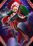  artist_name black_footwear blonde_hair bodysuit boots brown_eyes christmas dress hippo_(hippo999) leotard looking_at_viewer merry_christmas multicolored multicolored_clothes multicolored_footwear original pom_pom_(clothes) red_dress sack santa_costume single_thighhigh solo striped striped_legwear thigh_boots thighhighs 