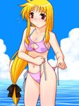  bikini blonde_hair day fate_testarossa hoshikuzu_junction long_hair low-tied_long_hair lyrical_nanoha mahou_shoujo_lyrical_nanoha_strikers side-tie_bikini solo swimsuit very_long_hair 