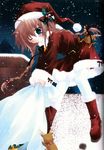  belt blue_eyes boots braid brown_hair christmas copyright_request hat highres holly long_hair night one_eye_closed reindeer rooftop sack sakurazawa_izumi santa_boots santa_costume santa_hat sky snow snowing solo thighhighs twin_braids white_legwear winter 