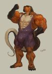  anthro barely_visible_genitalia barely_visible_penis big_bulge bulge clothed clothing flexing goroguro lizard male muscular muscular_male penis reptile scalie smile solo standing torn_clothing veiny_muscles wrestling_singlet 