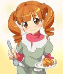  blush brown_eyes drill_hair holding ixy long_hair looking_at_viewer onegai_my_melody orange_hair plate sauce simple_background smile solo spoon twin_drills twintails white_background yumeno_uta 