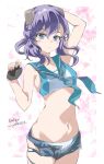  1girl :d bikini bikini_under_shorts black_gloves blue_background blue_bikini blue_bow blue_eyes blue_neckerchief blue_sailor_collar blush bow collarbone commentary_request cowboy_shot cutoffs denim denim_shorts fingerless_gloves flat_chest gakky gloves grey_shorts hair_between_eyes hair_bow highres kantai_collection langley_(kancolle) langley_(swimsuit)_(kancolle) looking_at_viewer medium_hair micro_shorts navel neckerchief one-hour_drawing_challenge open_clothes open_fly open_mouth open_shorts pocket purple_hair ribs sailor_bikini sailor_collar shorts smile solo standing swimsuit tareme torn_clothes torn_shorts two-tone_background unbuttoned unzipped v white_background 