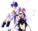  ahoge armband black_vs_white blue_eyes blue_hair bob_cut boots bracelet breasts cleavage expressionless floating gauntlets halo jewelry large_breasts long_hair looking_at_viewer multiple_girls original polearm purple_eyes purple_hair refeia science_fiction short_hair smile spear thigh_gap thighhighs v_arms very_long_hair weapon 