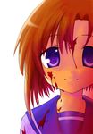  blood blood_on_face closed_mouth higurashi_no_naku_koro_ni looking_at_viewer orange_hair purple_eyes ryuuguu_rena sailor_collar saki_chisuzu school_uniform serafuku shaded_face short_hair smile solo upper_body 