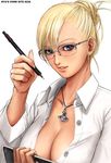  blonde_hair blue_eyes breasts cleavage doctor glasses jewelry large_breasts open_clothes open_shirt original pen pendant ryu_(ryu's_former_site) shirt smile solo 