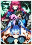  2girls black_hair blue_hair blush bodysuit character_request closed_eyes hands_clasped kagami_sumika long_hair multiple_girls muvluv muvluv_alternative own_hands_together pilot_suit pink_bodysuit pink_hair twintails yashiro_kasumi 
