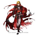  1boy alternate_costume armor black_armor blonde_hair boots copyright_notice eldigan_(fire_emblem) epaulettes fire_emblem fire_emblem:_genealogy_of_the_holy_war fire_emblem_heroes full_body gloves male_focus medium_hair official_art simple_background solo suzuki_rika sword weapon white_background yellow_eyes 