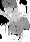  1boy 1girl bare_shoulders biting_shoulder blush commentary_request female_saniwa_(touken_ranbu) greyscale hakama heavy_breathing hetero highres holding holding_own_hair irokawa_iku japanese_clothes licking_shoulder monochrome off_shoulder ookanehira_(touken_ranbu) saliva sitting sweat touken_ranbu 